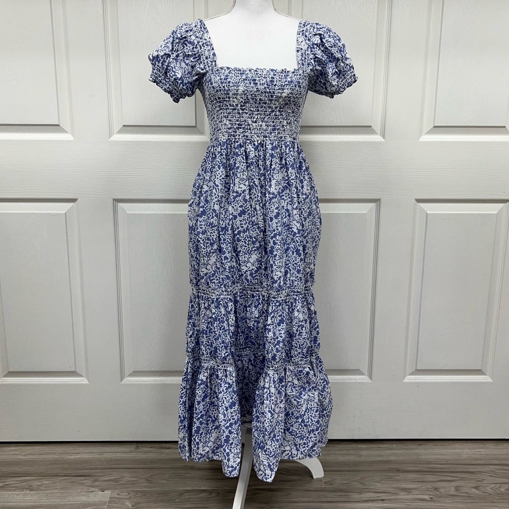 O.P.T. Daphne Square Neck Smocked Midi Dress White Blue Size M